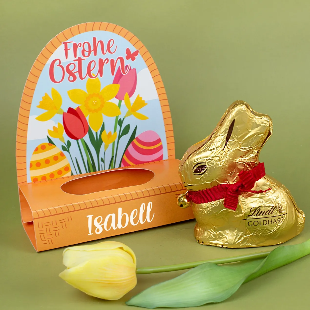 Lindt Goldhase 100 g personalisiert mit Name im Osterkörbchen 'Frohe Ostern' | Süßes Ostergeschenk
