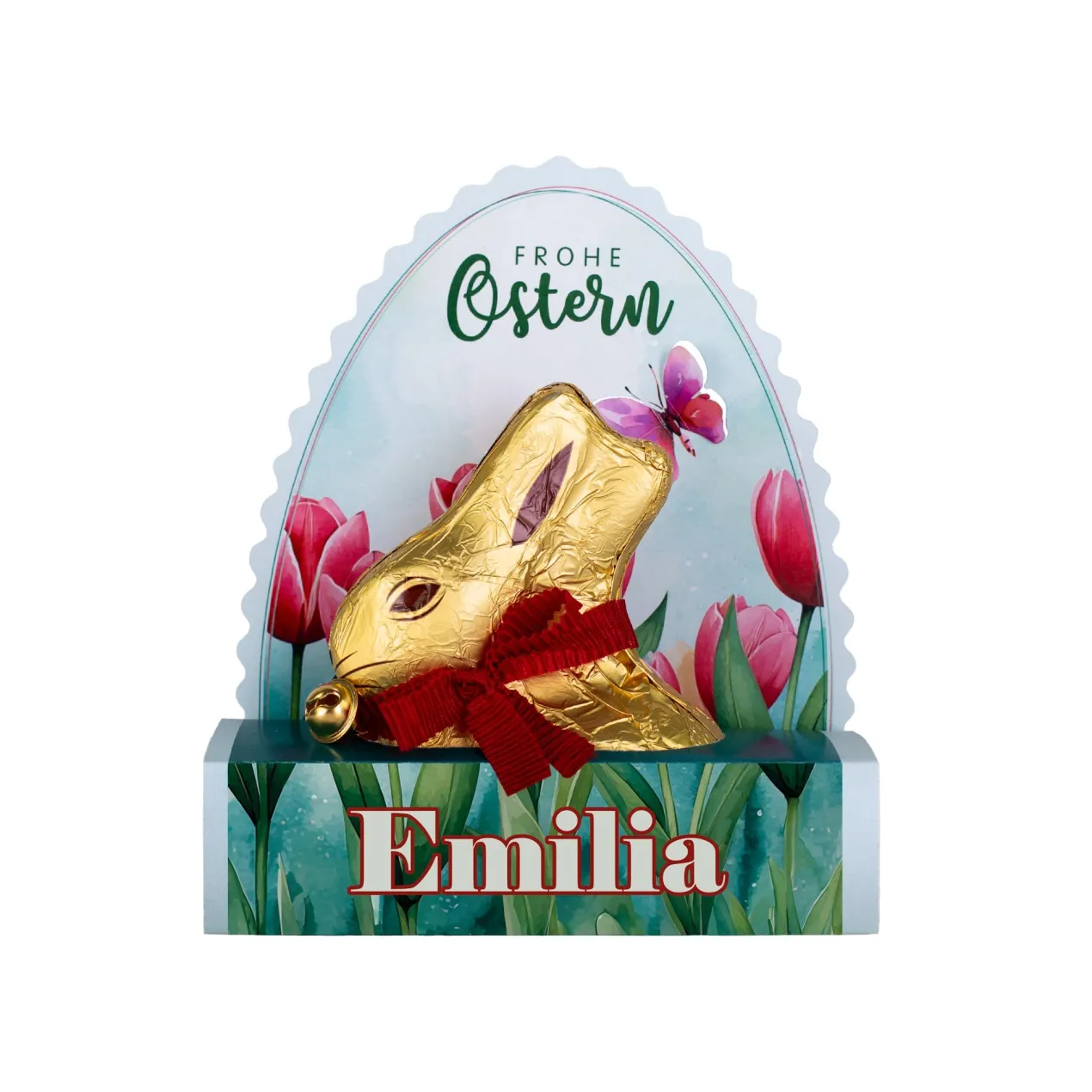 Lindt Goldhase in personalisierter Osterverpackung mit Wunschname "Frohe Ostern"