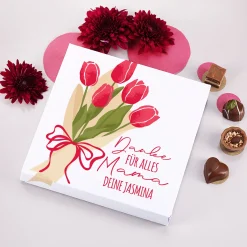 Lindt Pralinen 'Danke Mama' personalisiert mit Wunschtext & Tulpen Box | Geschenk zum Muttertag