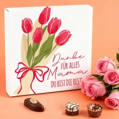 Lindt Pralinen 'Danke Mama' personalisiert mit Wunschtext & Tulpen Box | Geschenk zum Muttertag