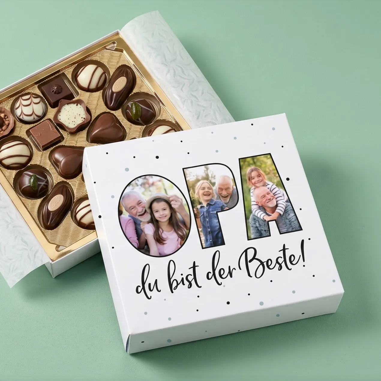 Lindt Pralinen für den Opa mit 3 Fotos bedruckt