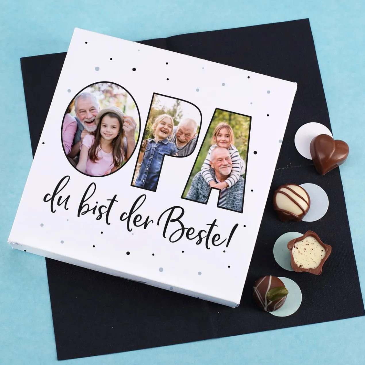 Lindt Pralinen für den Opa mit 3 Fotos bedruckt
