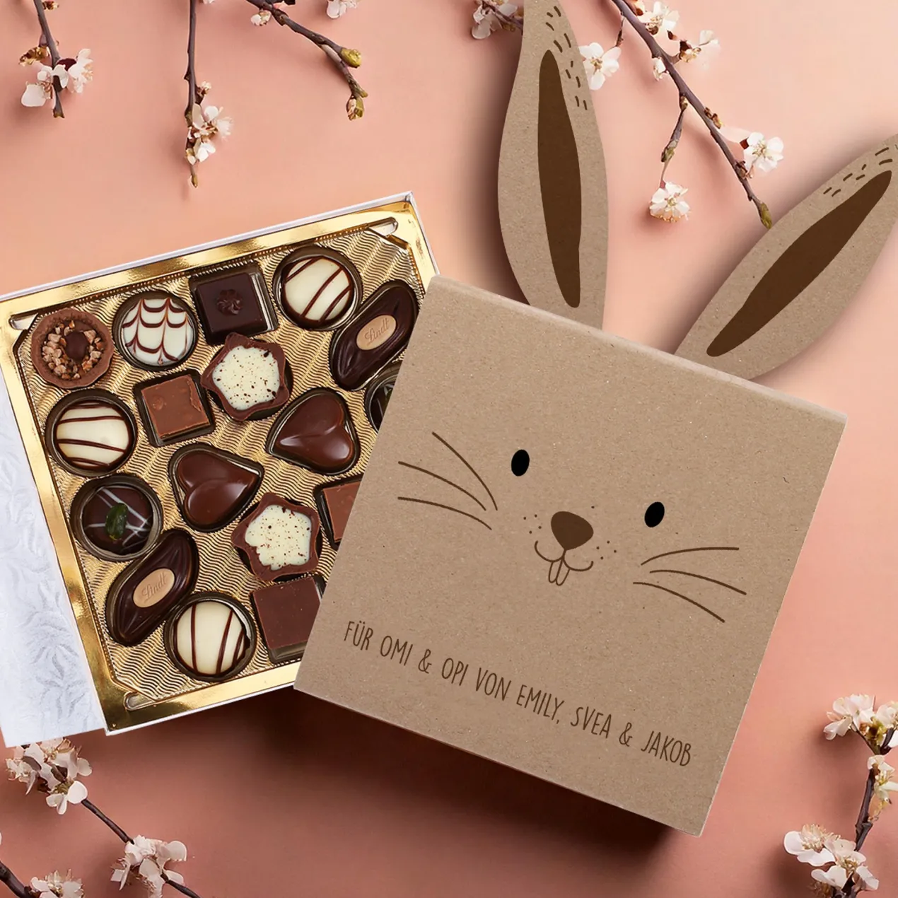 Lindt-Pralinen in niedlicher Hasen-Banderole