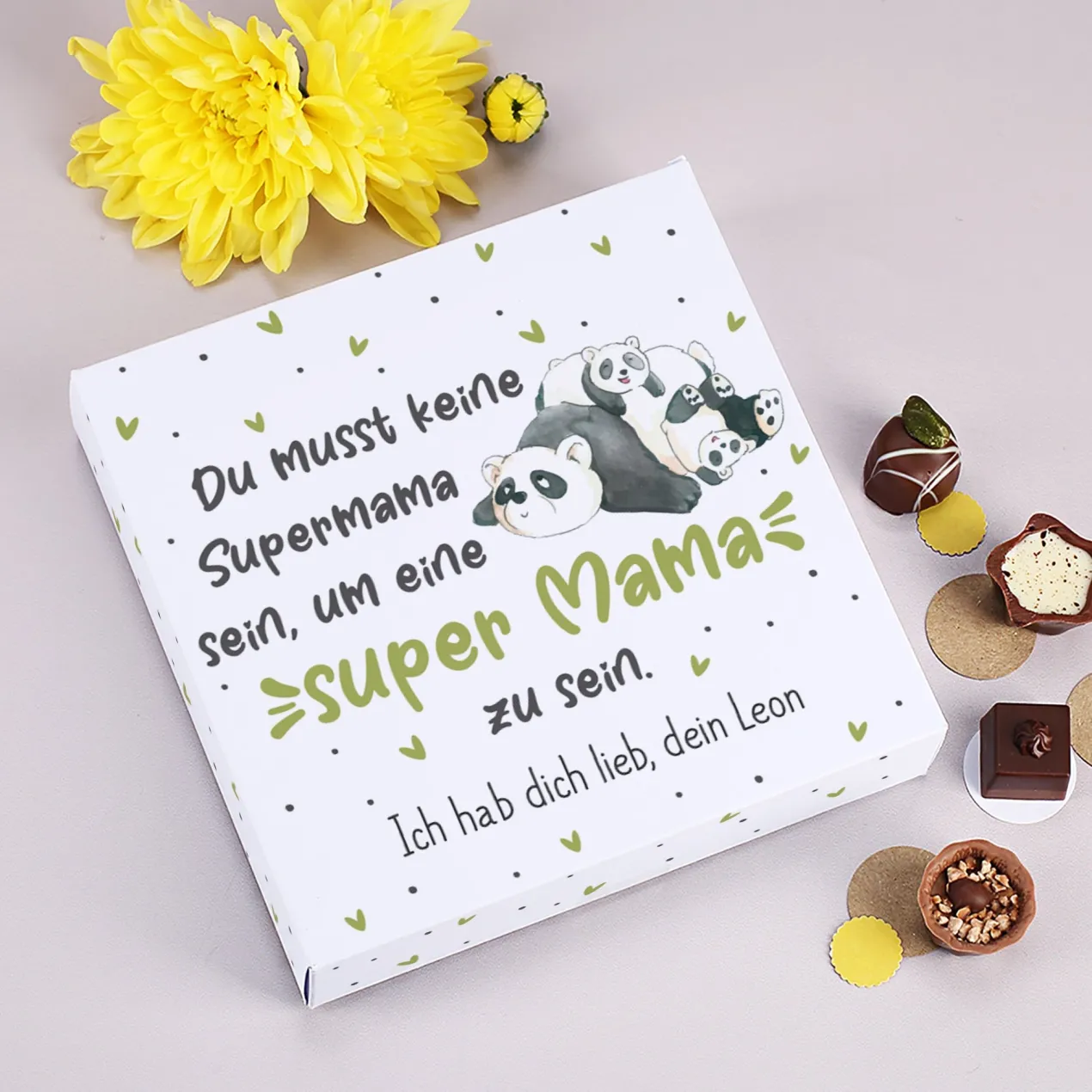 Lindt Pralinen 'Super Mama' personalisiert mit Wunschtext & Panda Motiv | Geschenk zum Muttertag