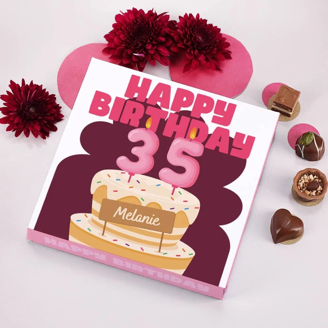 Lindt Pralinen zum Geburtstag mit Name und Alter in zwei Farbvarianten