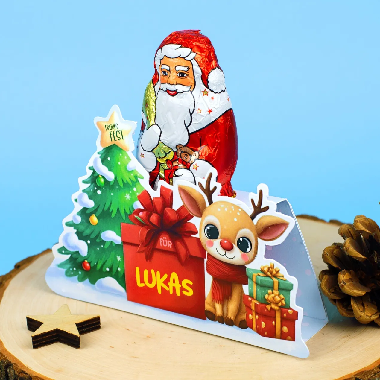 Lindt Schokoladenweihnachtsmann 70g mit personalisierter Verpackung zu Weihnachten | Rentier-Motiv