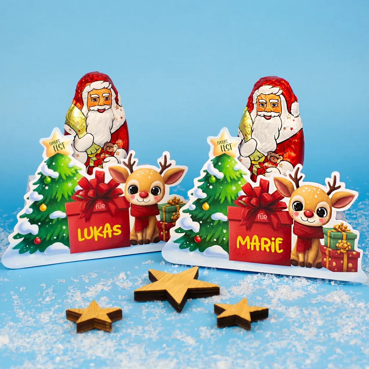 Lindt Schokoladenweihnachtsmann 70g mit personalisierter Verpackung zu Weihnachten | Rentier-Motiv
