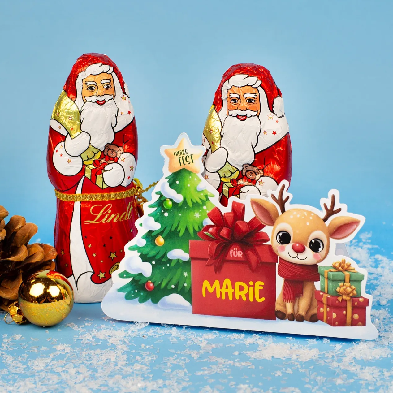 Lindt Schokoladenweihnachtsmann 70g mit personalisierter Verpackung zu Weihnachten | Rentier-Motiv