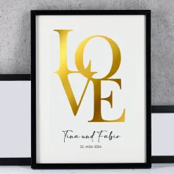 LOVE vergoldetes Wandbild mit Namen & Datum für Paare, 40x30cm
