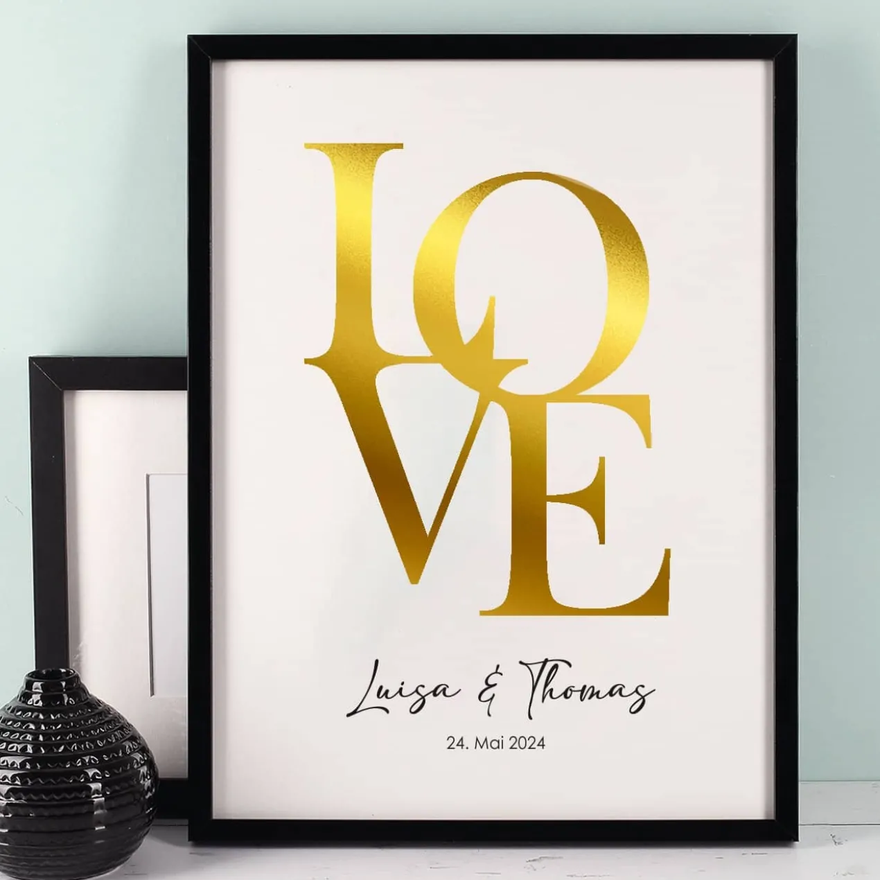 LOVE vergoldetes Wandbild mit Namen & Datum für Paare, 40x30cm