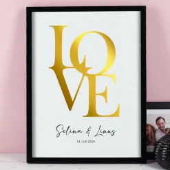 LOVE vergoldetes Wandbild mit Namen & Datum für Paare, 40x30cm