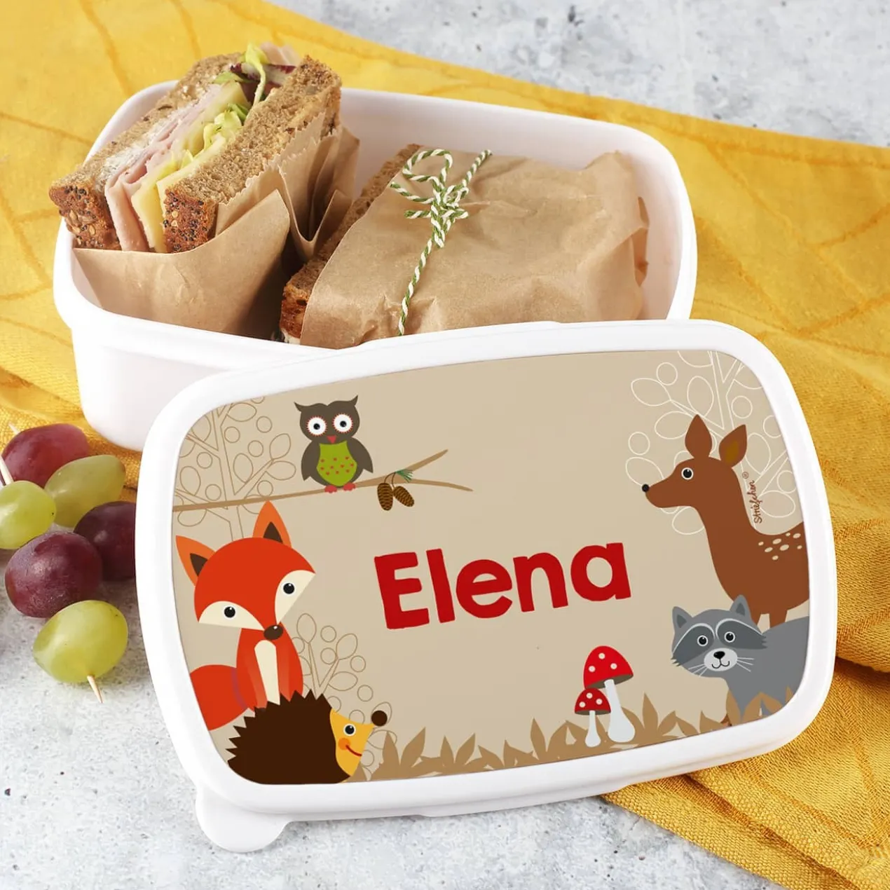 Lunchbox mit Waldtieren und Ihrem Wunschnamen bedruckt