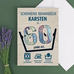 Lustige Geldgeschenk-Karte zum 60. Geburtstag als Waschanleitung personalisiert mit Name