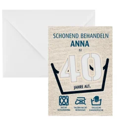 Lustige Geldgeschenk-Karte zum 40. Geburtstag als Waschanleitung personalisiert mit Name