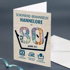 Lustige Geldgeschenk-Karte zum 80. Geburtstag als Waschanleitung personalisiert mit Name