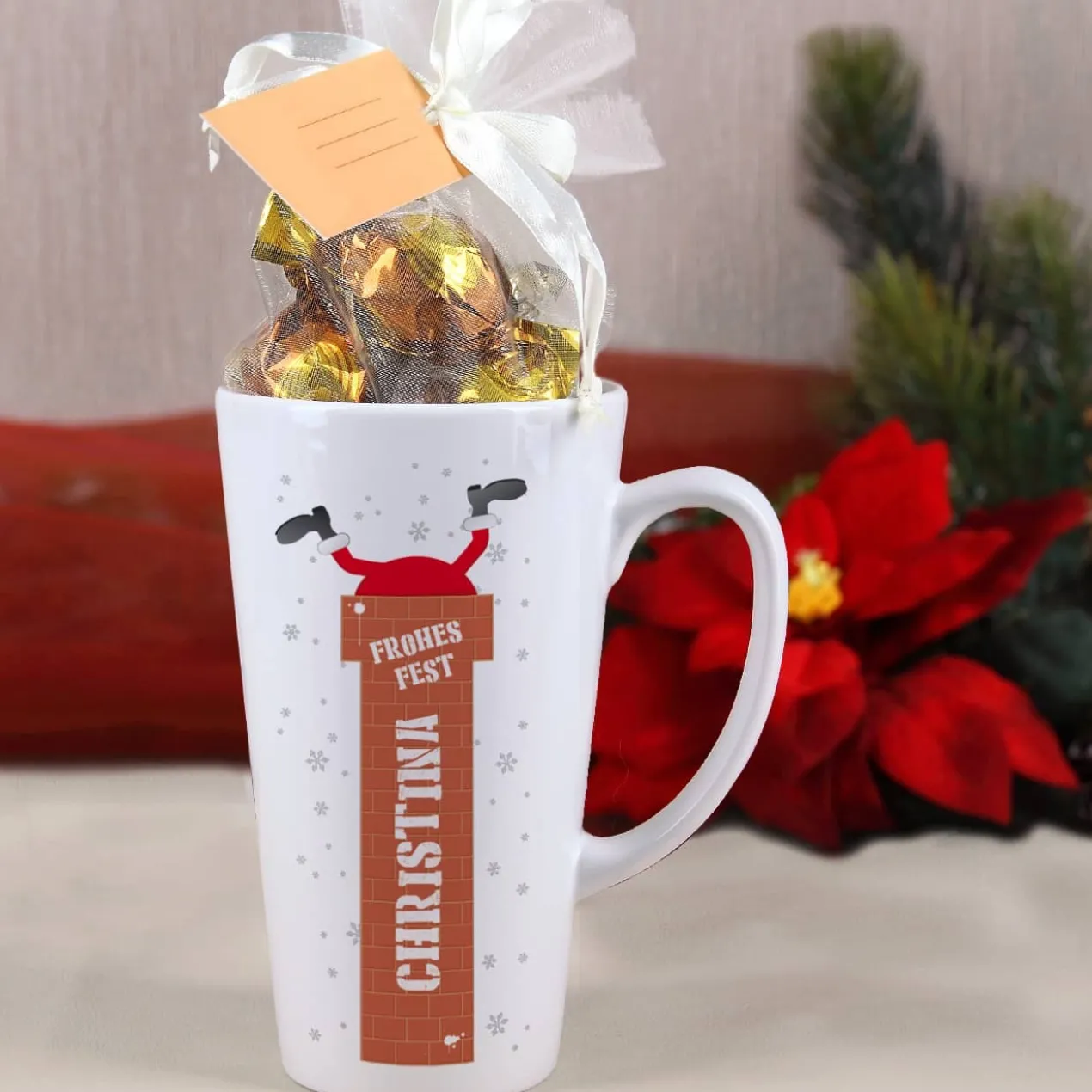 Lustige Genießertasse -Frohes Fest- mit Schokoladenfüllung
