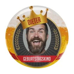 Lustiger XXL Bier-Button mit Ihrem Wunschfoto und eigenen Texten bedruckt