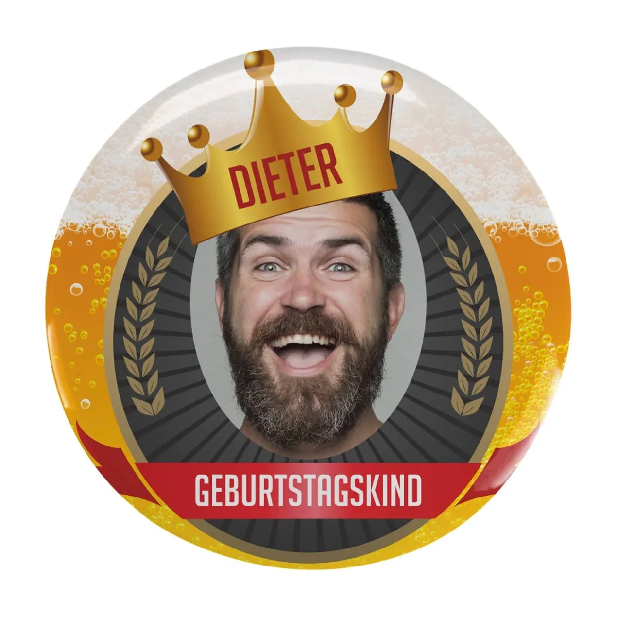Lustiger XXL Bier-Button mit Ihrem Wunschfoto und eigenen Texten bedruckt
