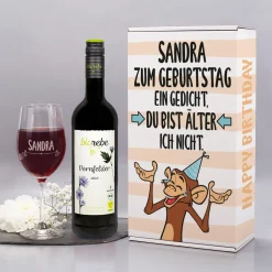 Lustiges Geschenkset zum Geburtstag mit Weinglas und Wein | Bienenfreundlicher Biorebe Genuss