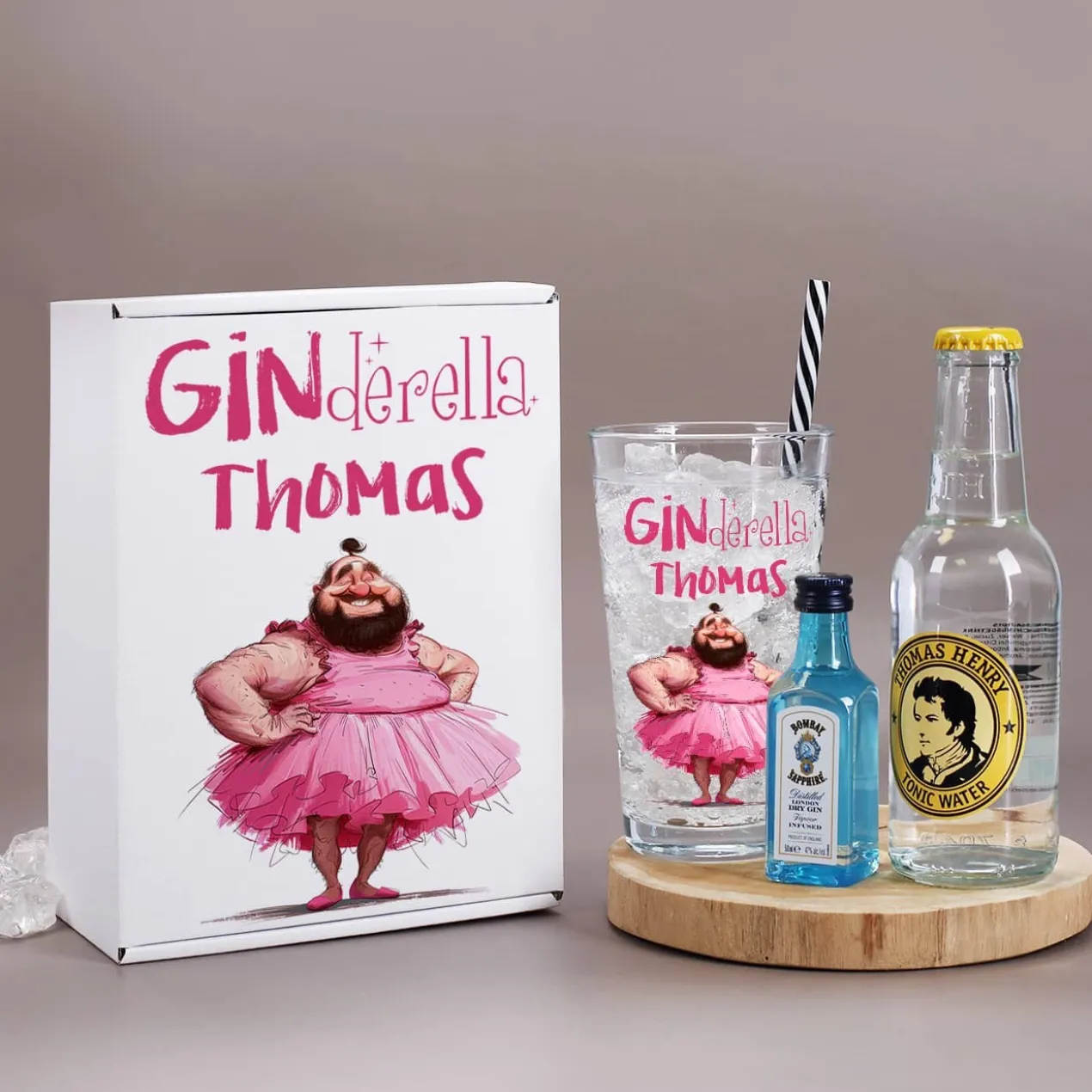Lustiges Ginderella Geschenkset mit bedrucktem Glas, Bombay Gin und Tonic Water