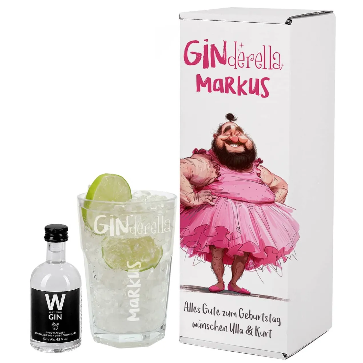 Lustiges Ginderella Geschenkset mit Wüstefeld Gin und Glas