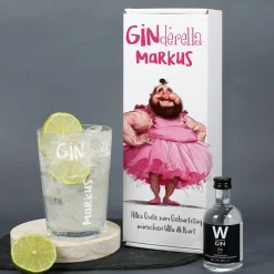 Lustiges Ginderella Geschenkset mit Wüstefeld Gin und Glas