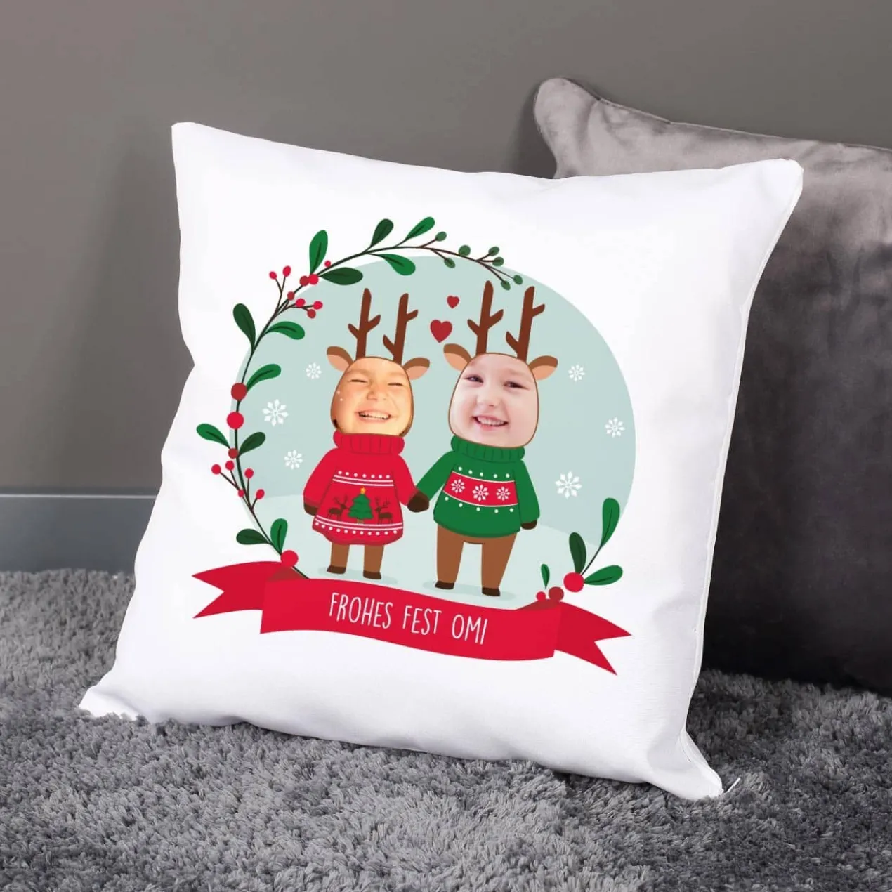 Lustiges Weihnachtskissen mit Fotos und Wunschtext