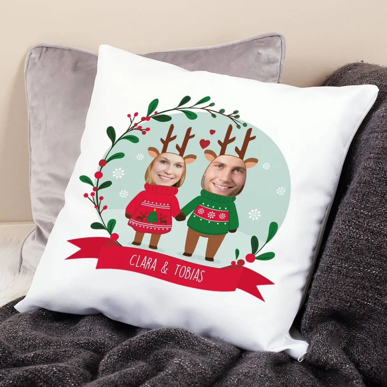 Lustiges Weihnachtskissen mit Fotos und Wunschtext