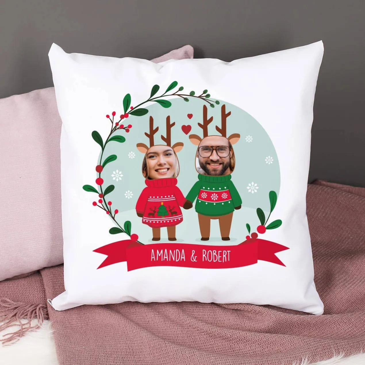 Lustiges Weihnachtskissen mit Fotos und Wunschtext