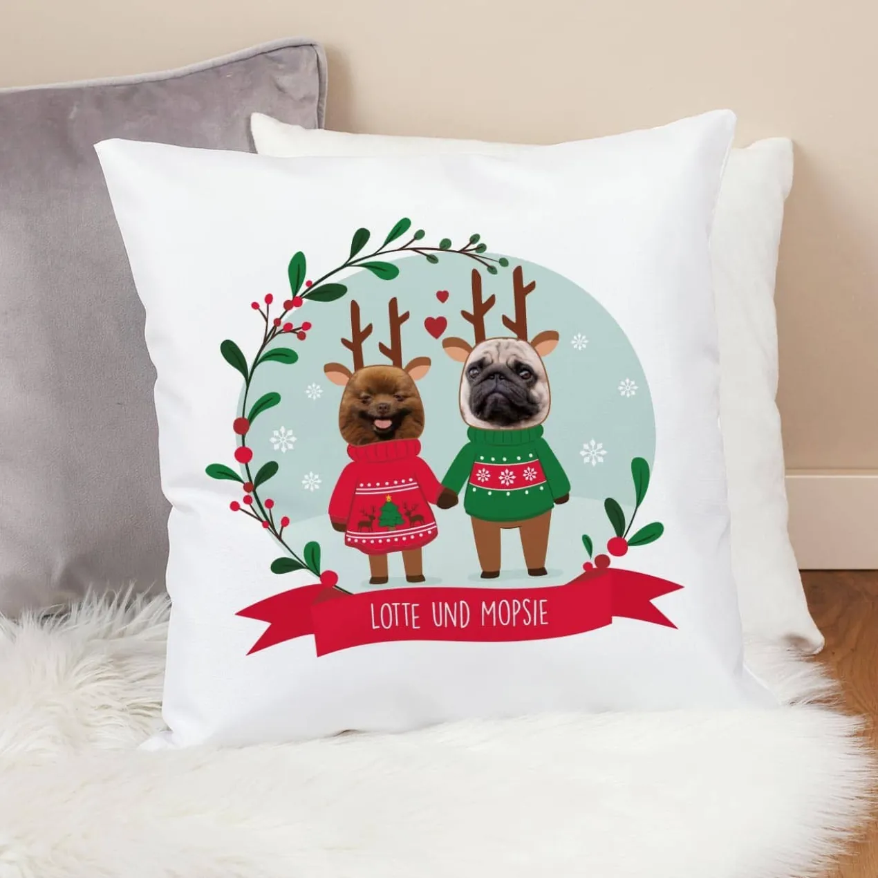 Lustiges Weihnachtskissen mit Fotos und Wunschtext