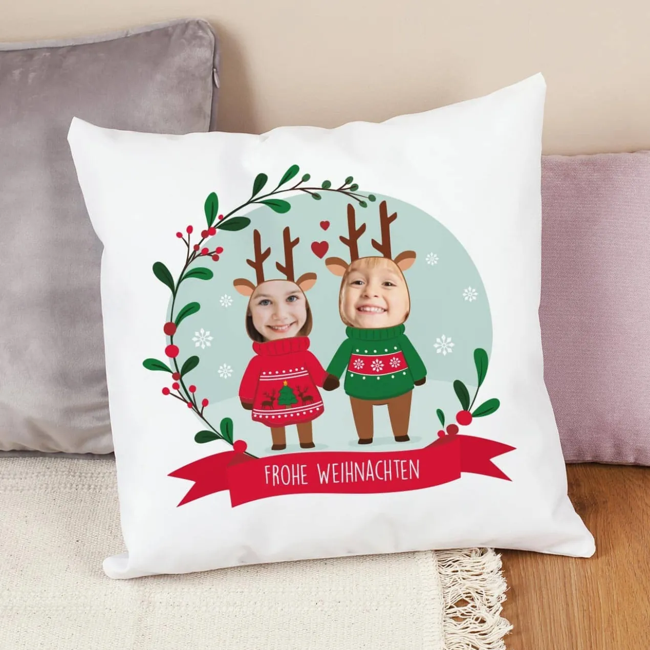 Lustiges Weihnachtskissen mit Fotos und Wunschtext