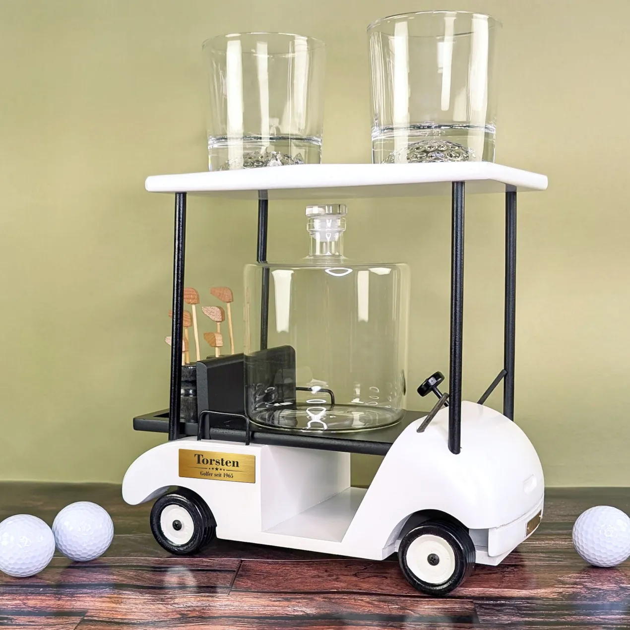 Luxus Whisky Dekantierset im Golfcart personalisiert mit Name und Wunschtext | Dekanter Set für Golfer