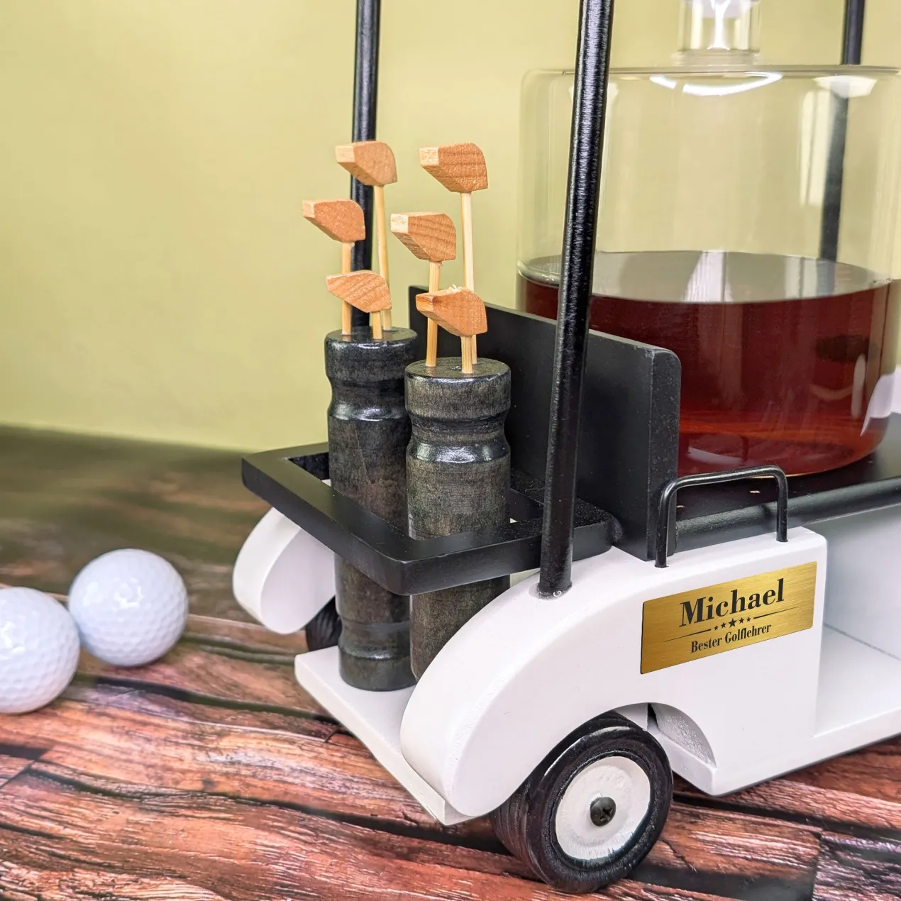 Luxus Whisky Dekantierset im Golfcart personalisiert mit Name und Wunschtext | Dekanter Set für Golfer