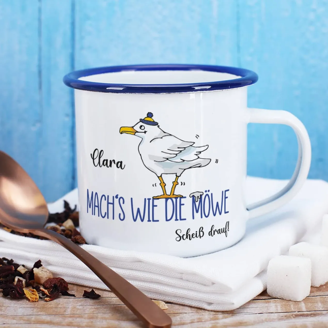 Mach's wie die Möwe... Emaille-Tasse mit Name