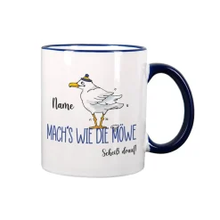 Mach's wie die Möwe... - Tasse mit Name und dunkelblauem Henkel