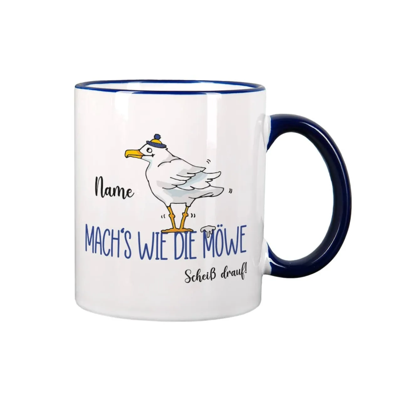 Mach's wie die Möwe... - Tasse mit Name und dunkelblauem Henkel