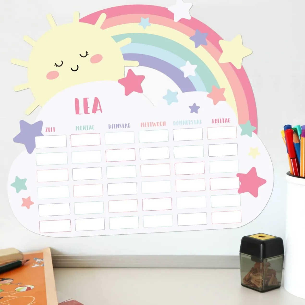 Magnetischer Stundenplan - Regenbogen, Sterne und Wolke - mit Name