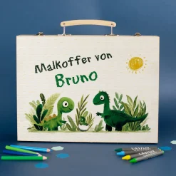 Malkoffer aus Holz personalisiert mit Name und Wunschtext für Kinder | Dinosaurier-Motiv