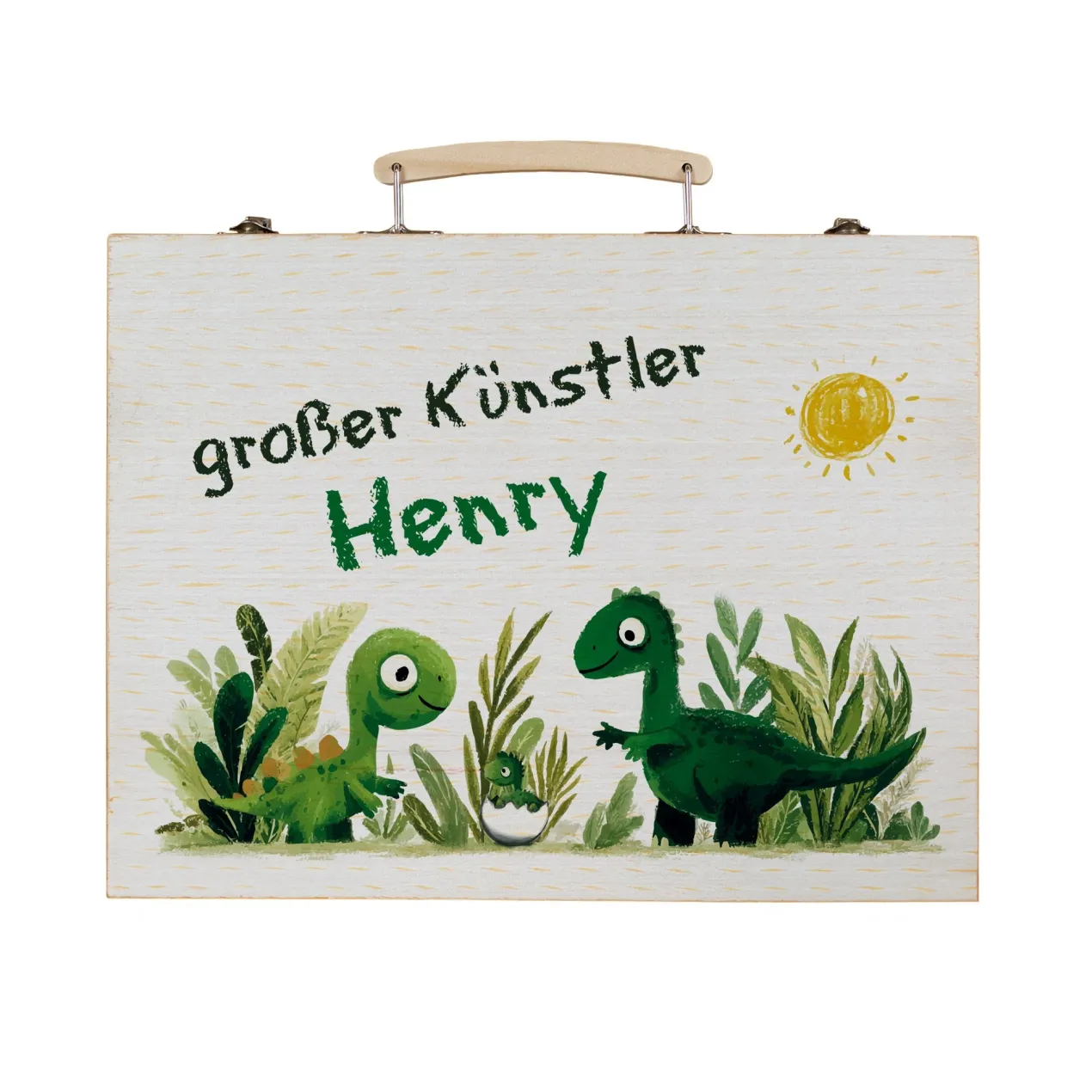 Malkoffer aus Holz personalisiert mit Name und Wunschtext für Kinder | Dinosaurier-Motiv