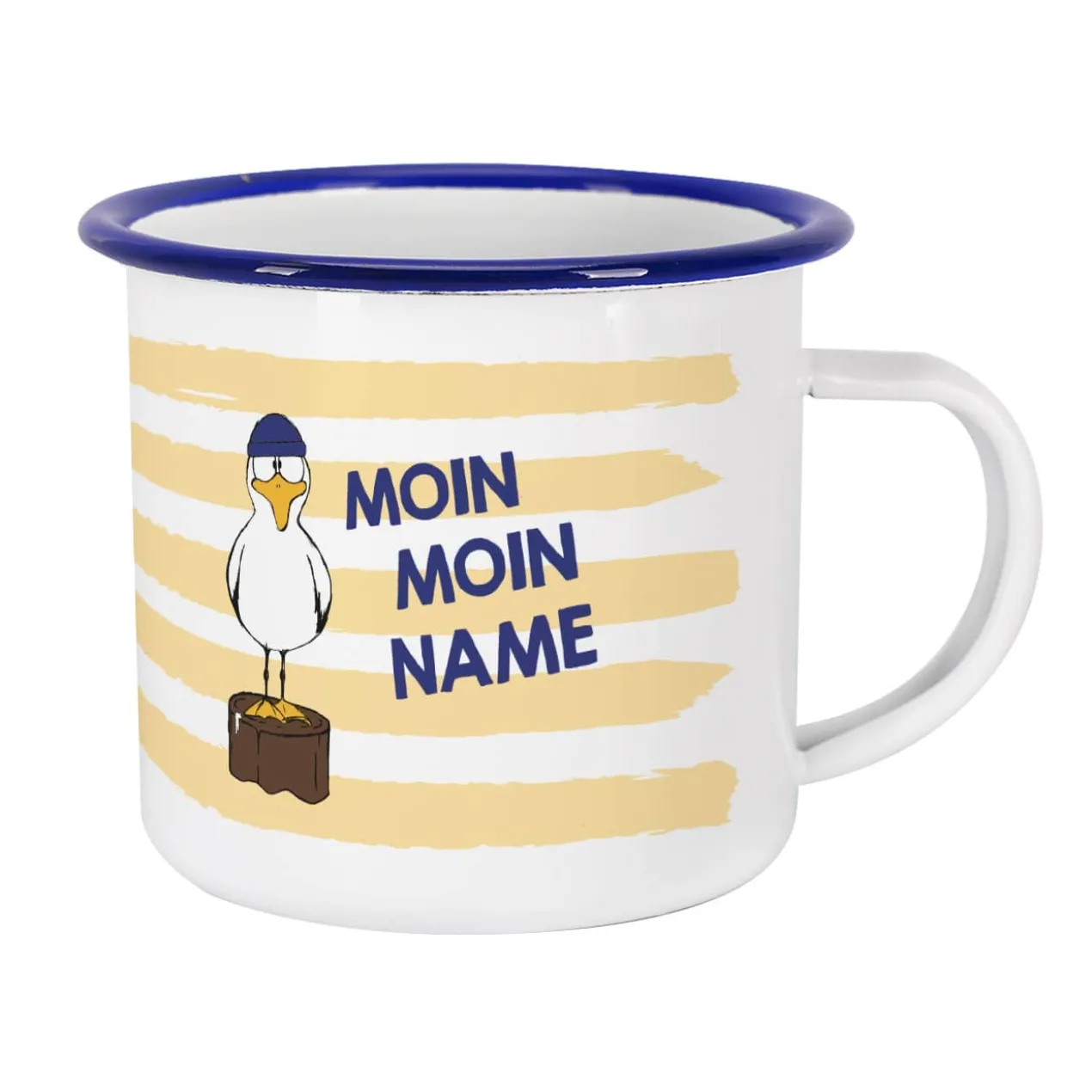 Maritime Metalltasse - Moin Moin - mit Wunschname und Möwen-Motiv