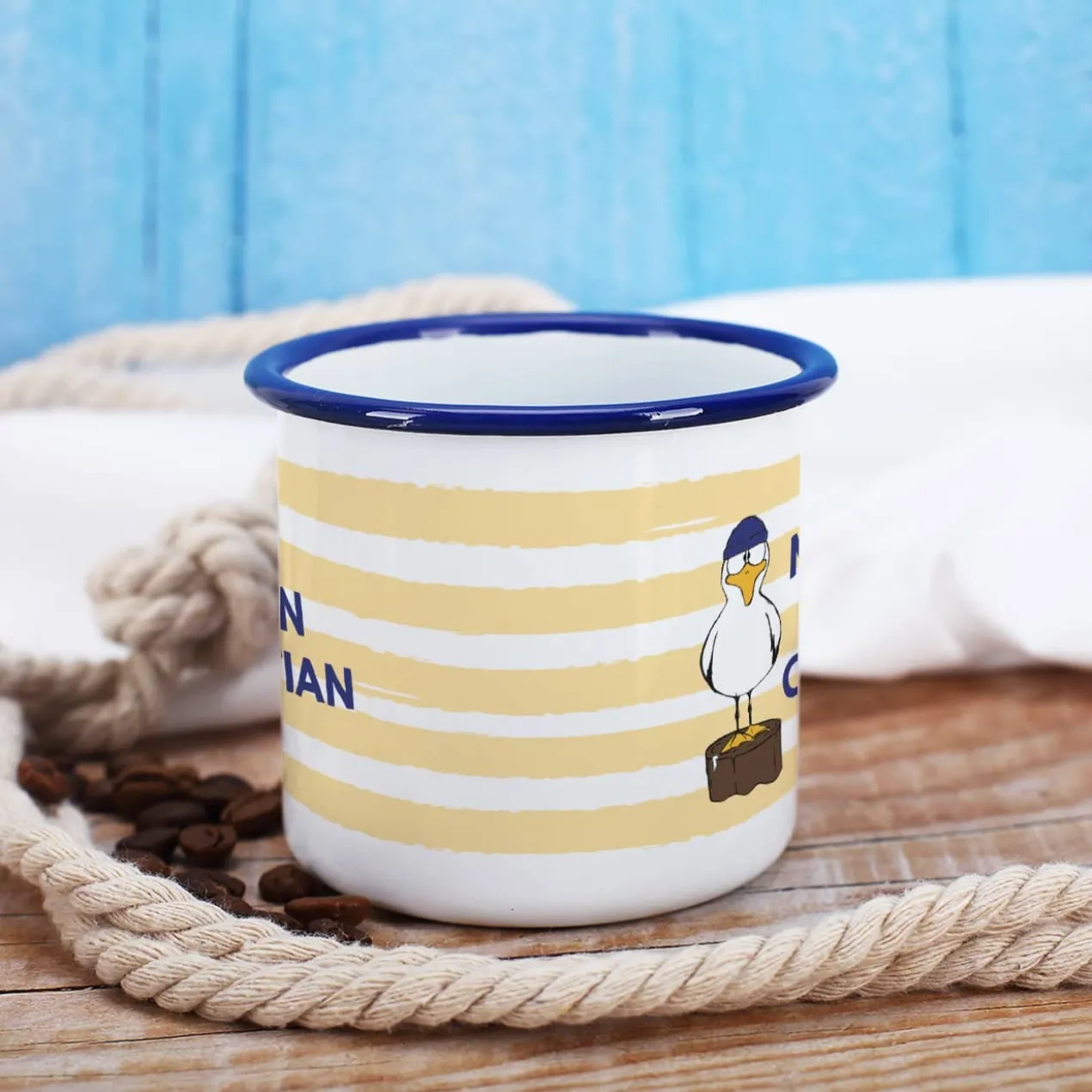 Maritime Metalltasse - Moin Moin - mit Wunschname und Möwen-Motiv