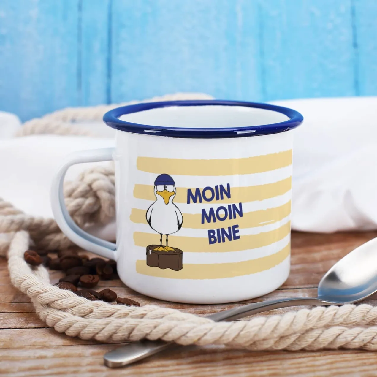 Maritime Metalltasse - Moin Moin - mit Wunschname und Möwen-Motiv