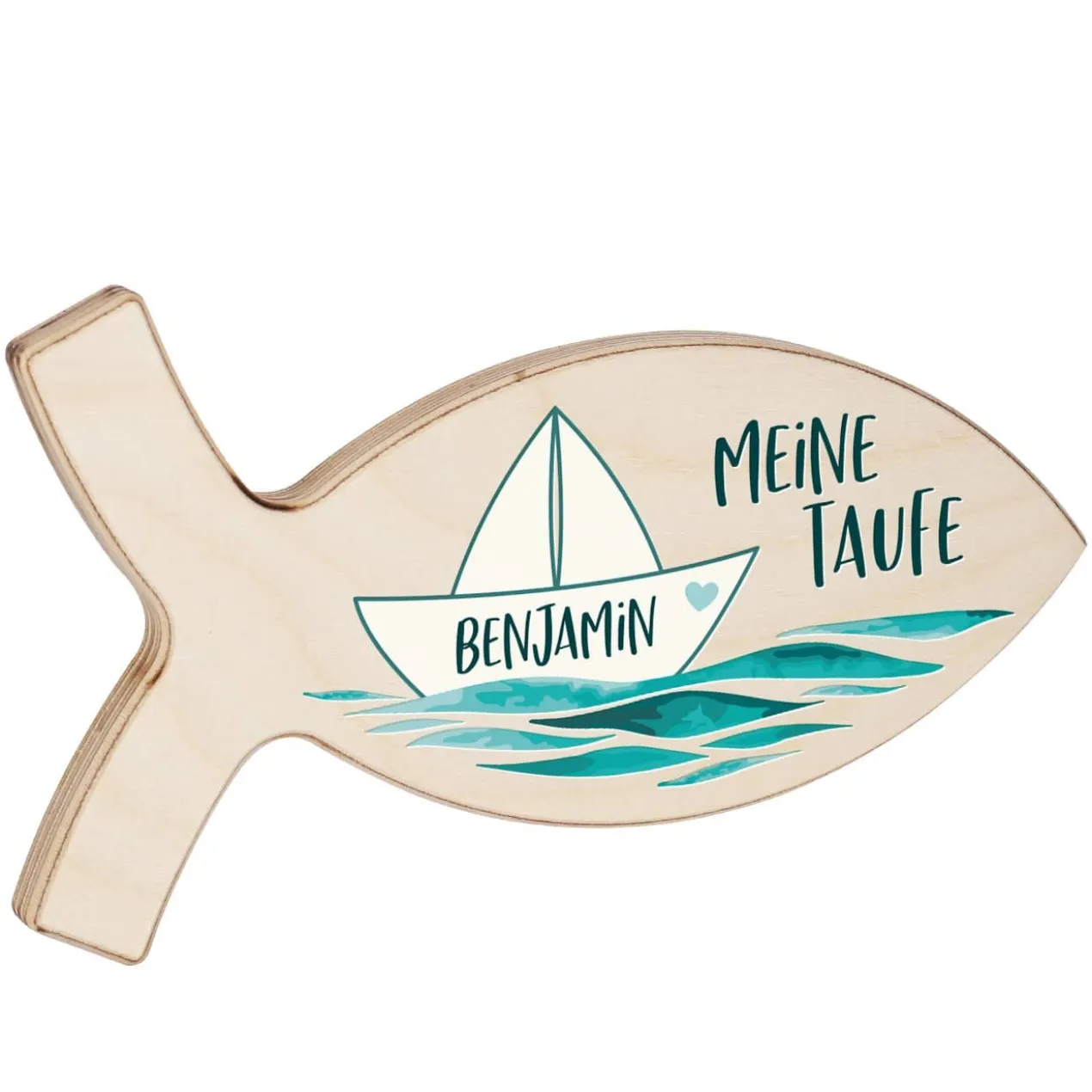 Maritimer Holzfisch zur Taufe mit Segelschiffchen und Ihrem Wunschnamen