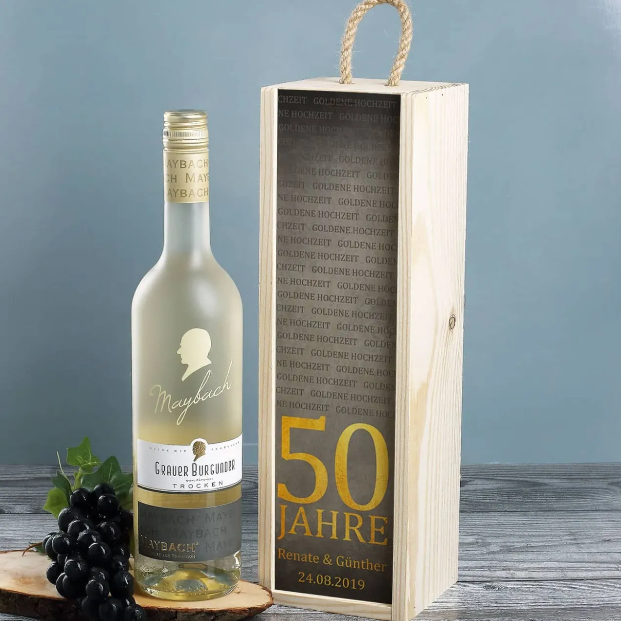 Maybach Weißwein in bedruckter Holzbox zur Goldenen Hochzeit