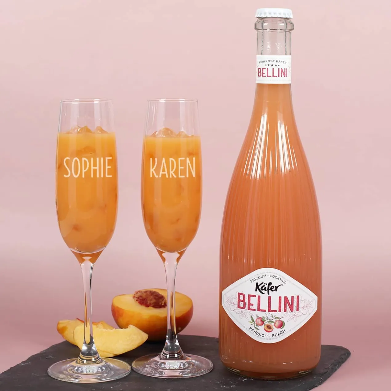 Mädelsabend-Set mit Bellini und 2 Sektgläsern