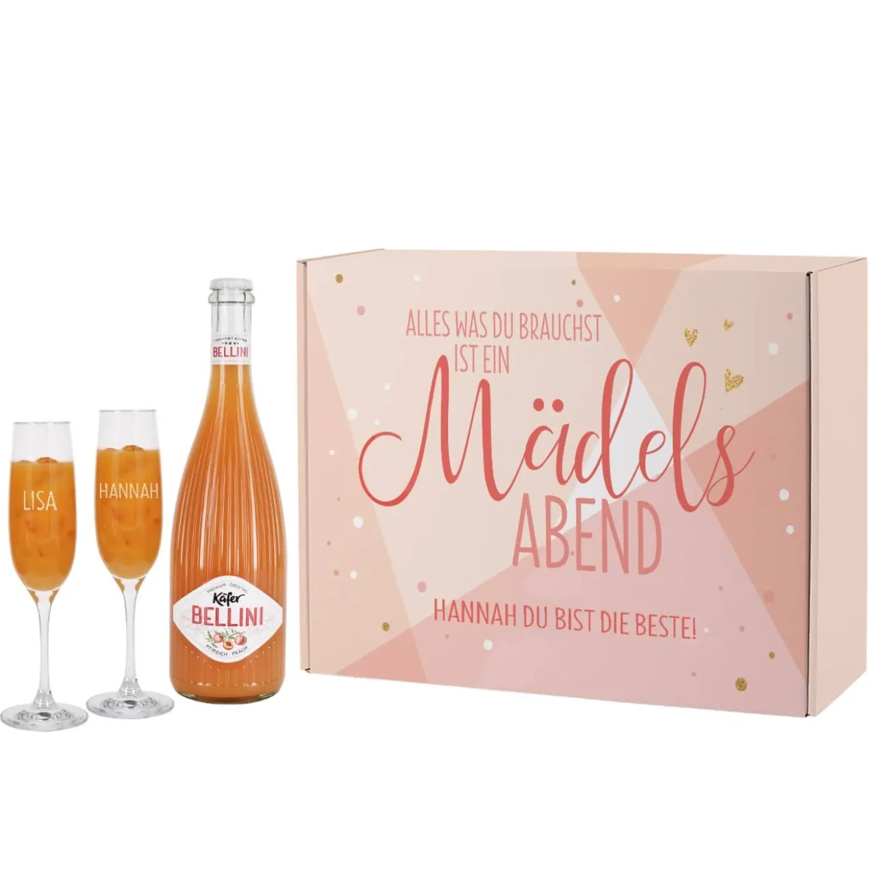 Mädelsabend-Set mit Bellini und 2 Sektgläsern