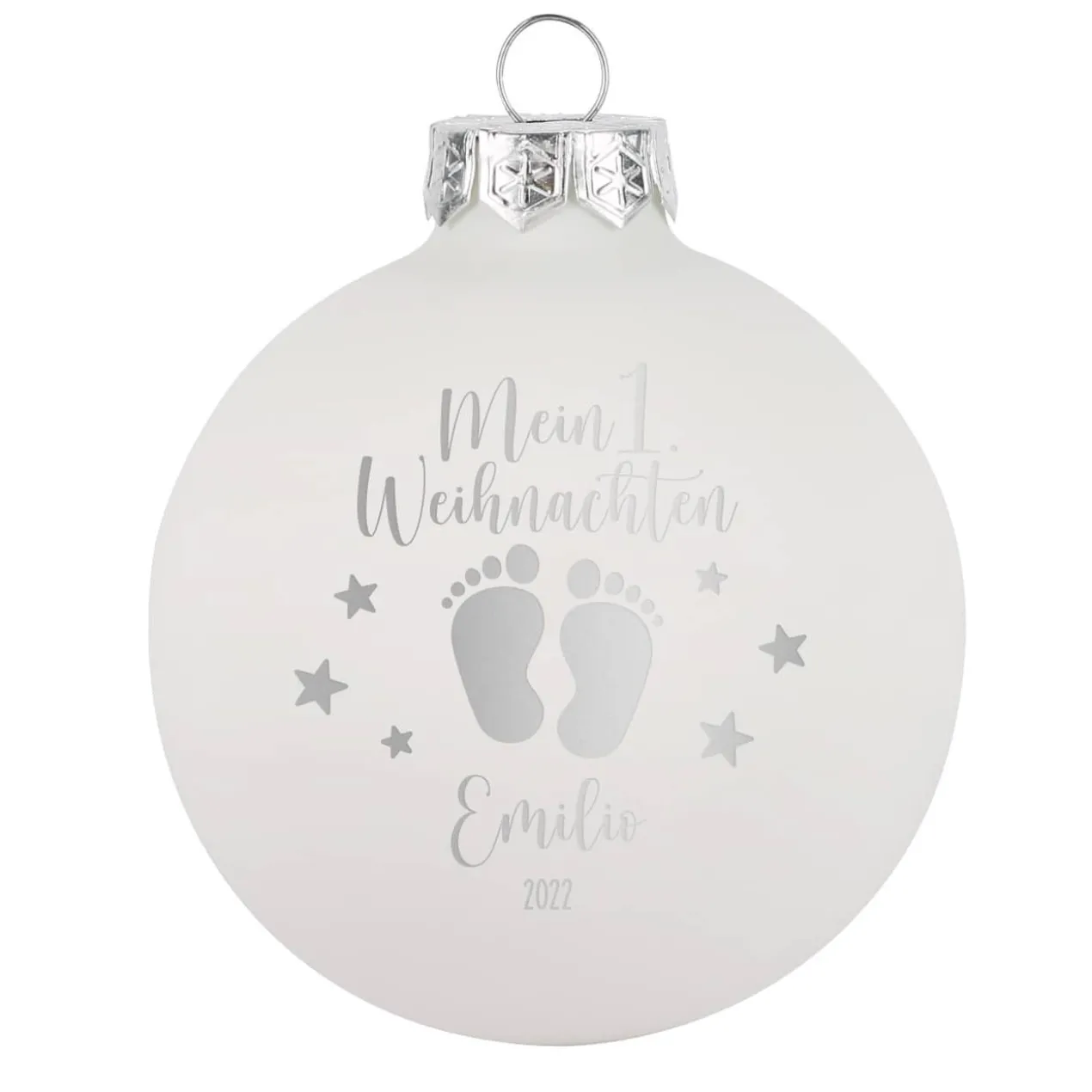 Mein 1. Weihnachten - Weihnachtskugel mit Babyfüßchen und Sternchen graviert