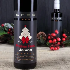 Merlot Rotweinflasche -Frohes Fest- mit Wunschname