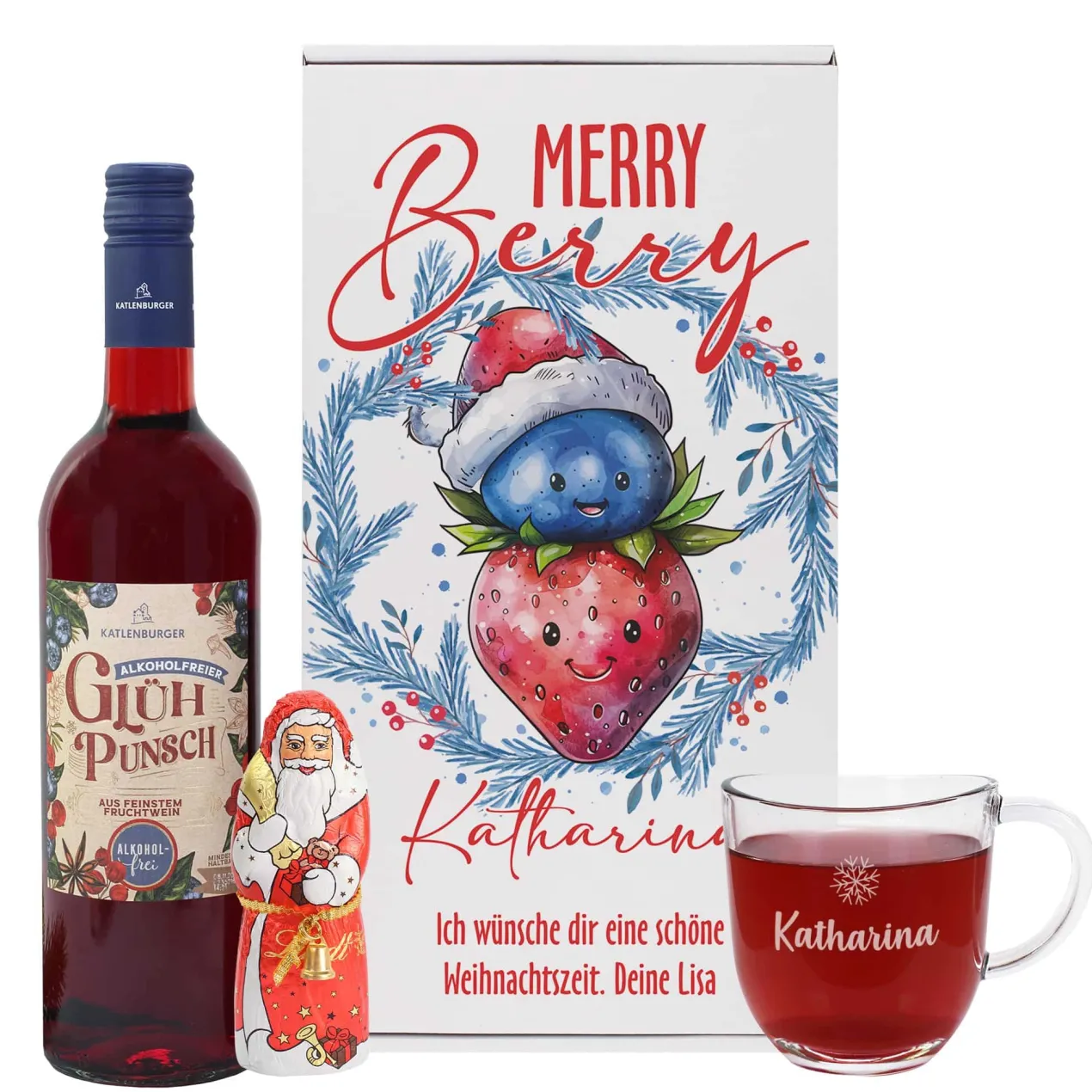 Merry Berry - alkoholfreier Glühpunsch im Set mit Trinkglas, Schokonikolaus und Geschenkbox