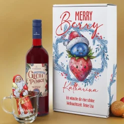 Merry Berry - alkoholfreier Glühpunsch im Set mit Trinkglas, Schokonikolaus und Geschenkbox
